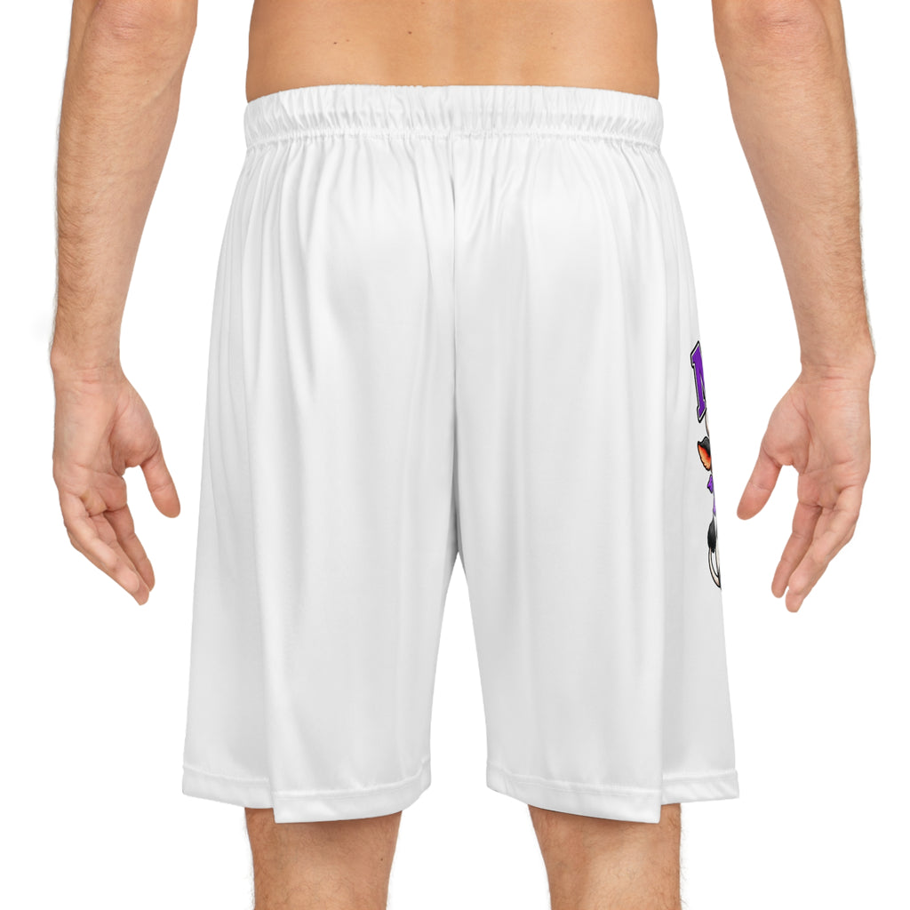 Back view of white Moooove Over Cancer athletic shorts with side print detail