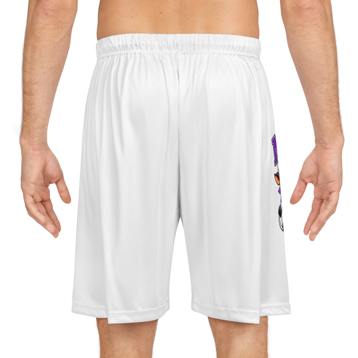 Back view of white Moooove Over Cancer athletic shorts with side print detail