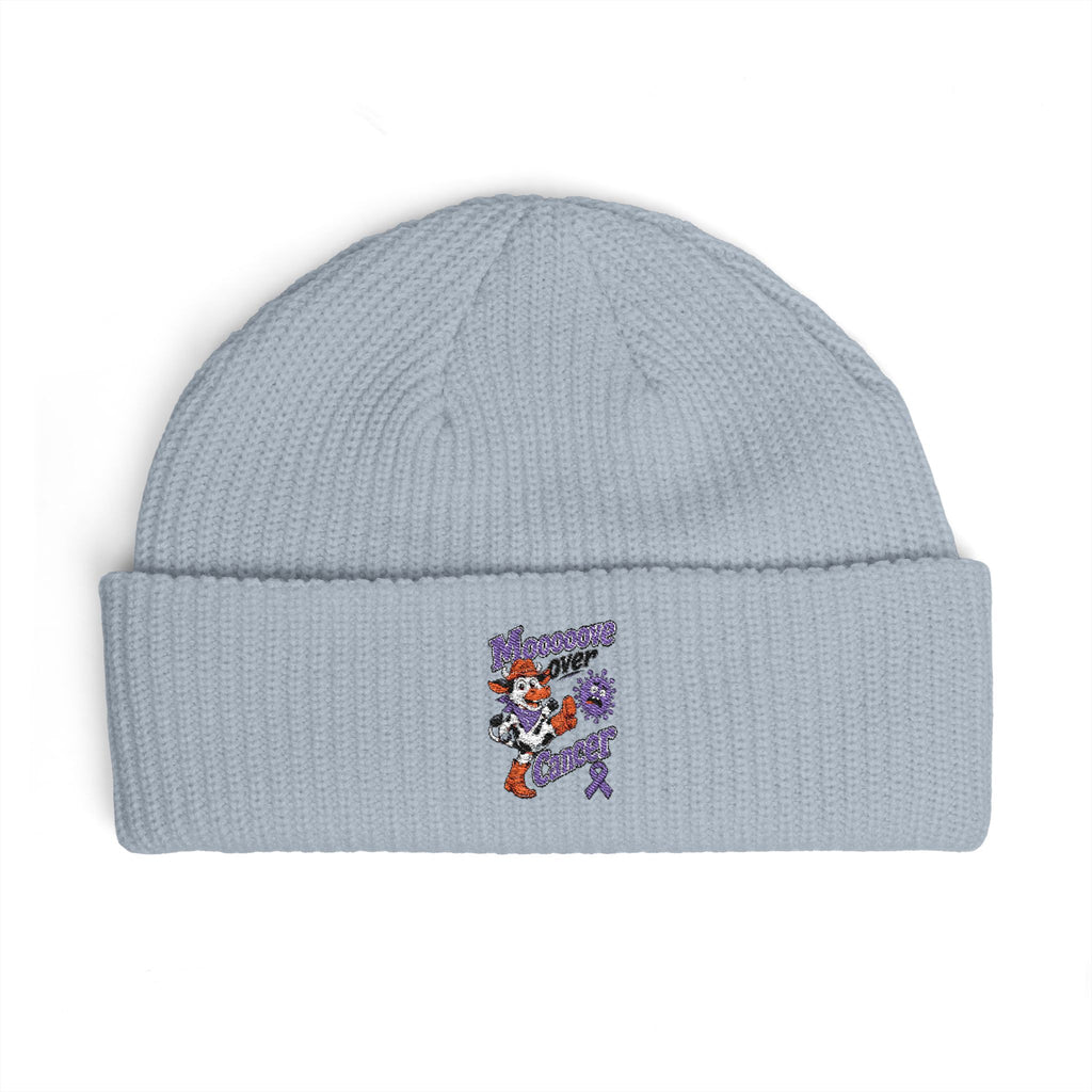 Light blue Moooove Over Cancer embroidered cuff beanie with colorful awareness artwork