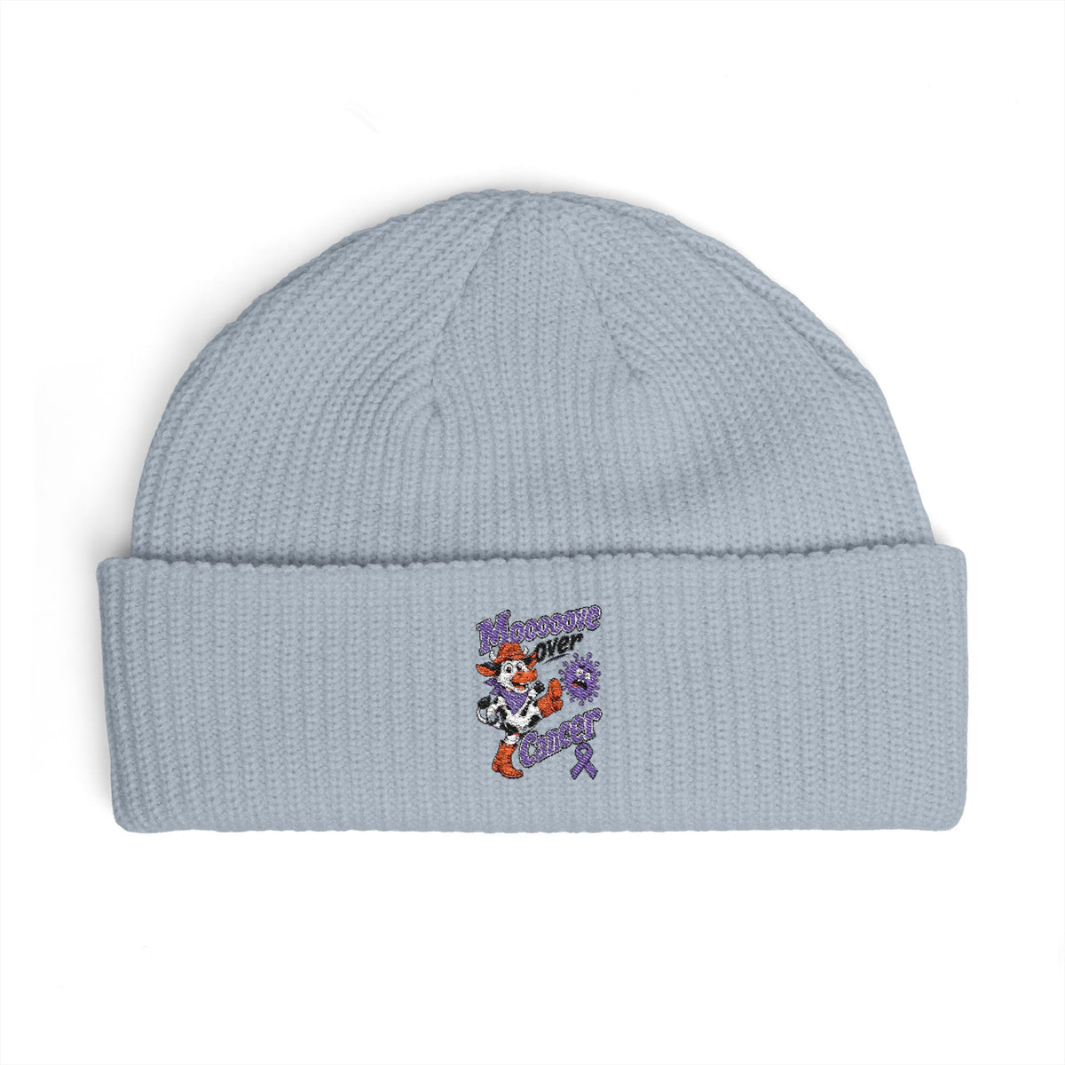 Light blue Moooove Over Cancer embroidered cuff beanie with awareness ribbon detail