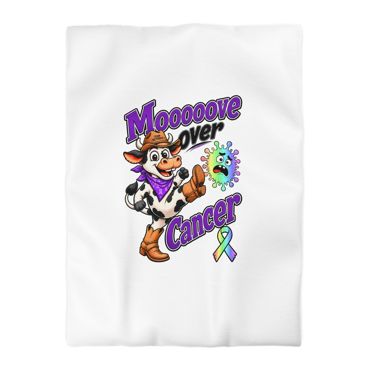 Moooove Over Cancer duvet cover styled on a bed with colorful all-cancer awareness artwork