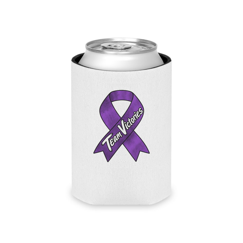 Team Victories purple ribbon can cooler holding a beverage can
