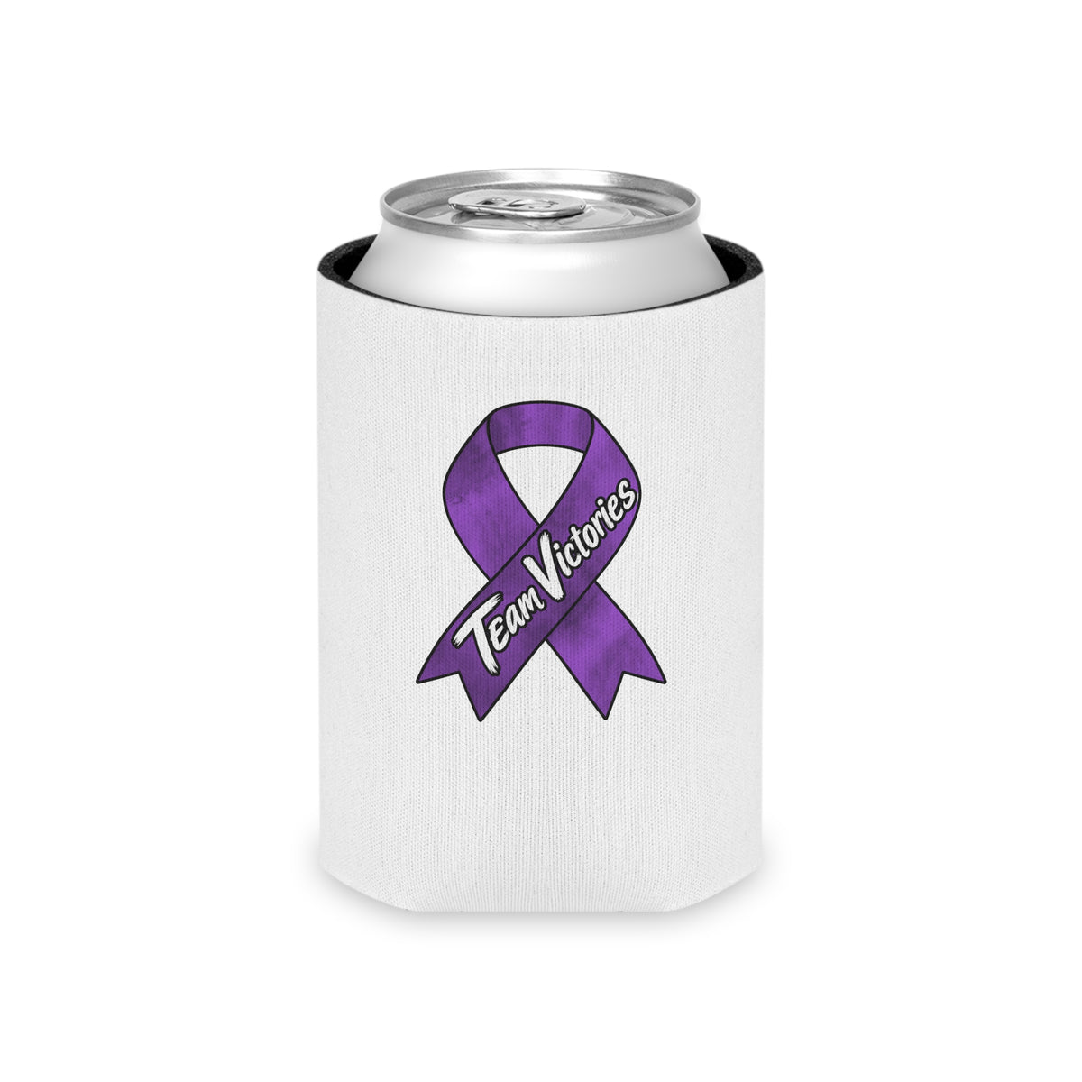 Team Victories purple ribbon can cooler holding a beverage can