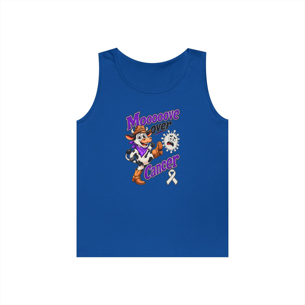 Moooove Over Cancer tank top with Lung Cancer awareness ribbon in blue