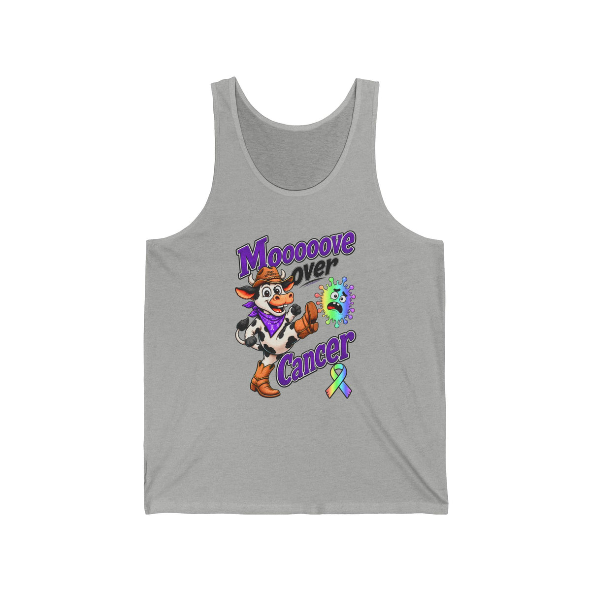 Gray Moooove Over Cancer tank top with playful cow design and all-cancer awareness ribbon