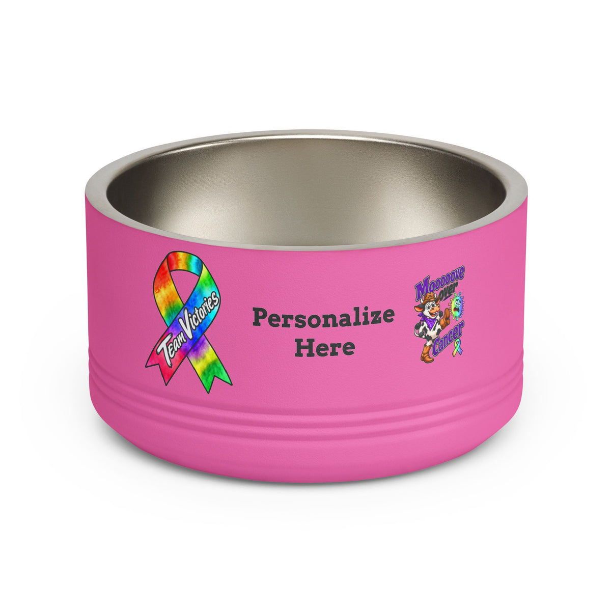 Moooove Over Cancer personalized pink pet bowl with all-cancer awareness ribbon design