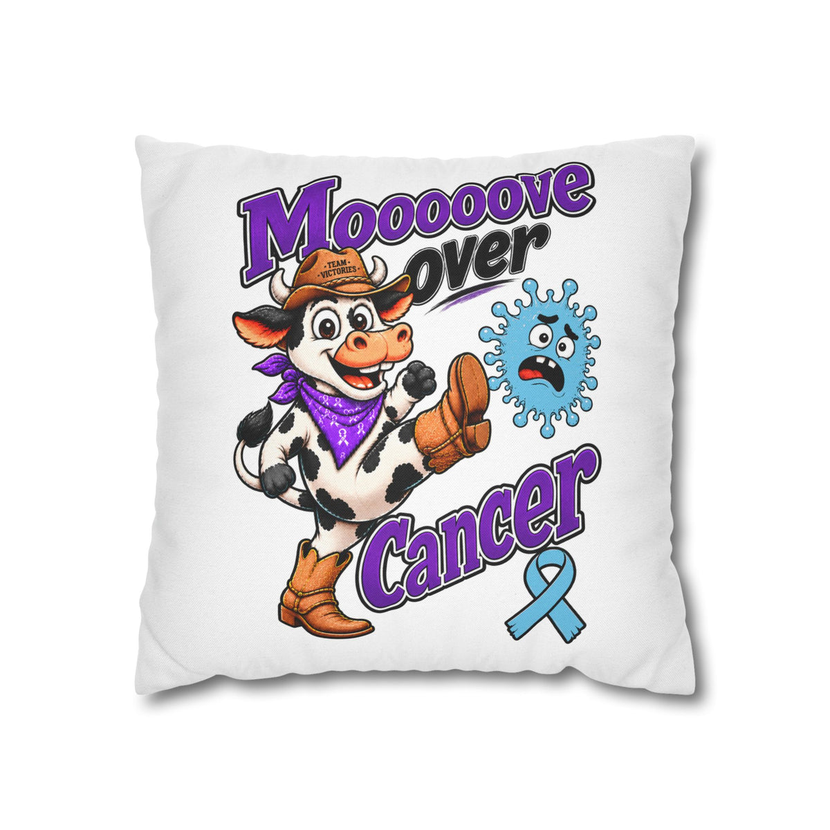 Moooove Over Cancer cow pillow cover with Team Victories design and Prostate Cancer awareness ribbon