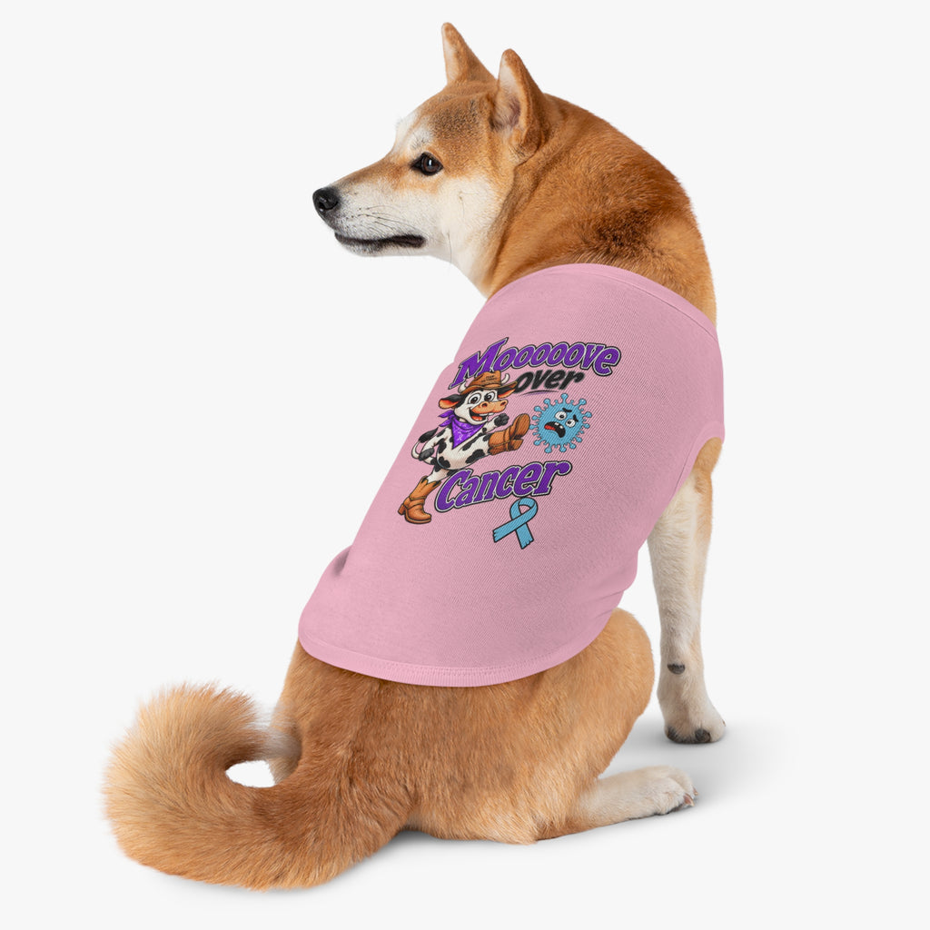 Shiba Inu wearing white Moooove Over Cancer pet tank with Western cow design