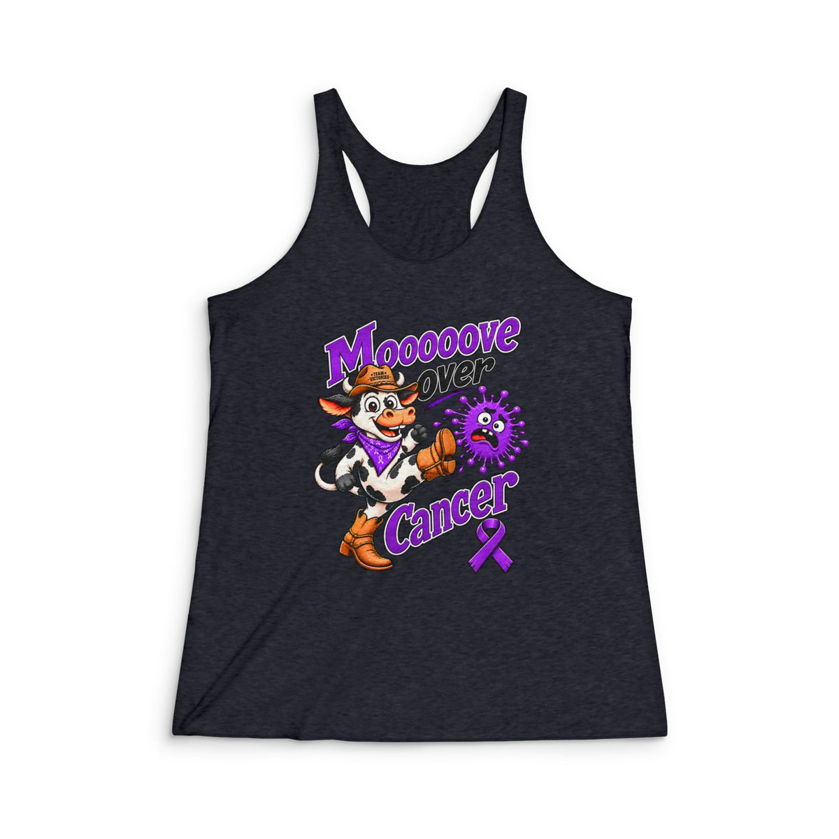 Black Moooove Over Cancer racerback tank with a Pancreatic Cancer awareness ribbon design