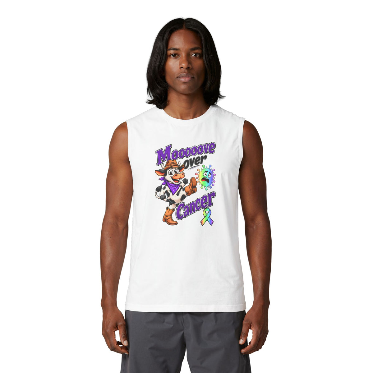Model wearing a white Moooove Over Cancer tank top with all-cancer awareness ribbon artwork