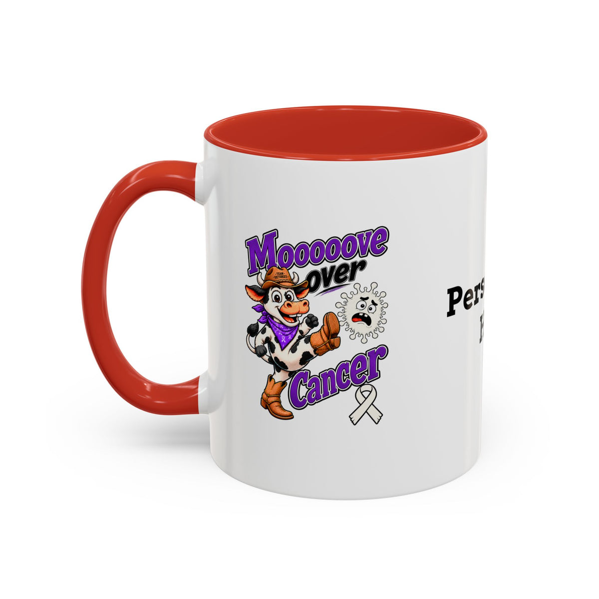 Moooove Over Cancer mug showing Team Victories ribbon artwork with red handle