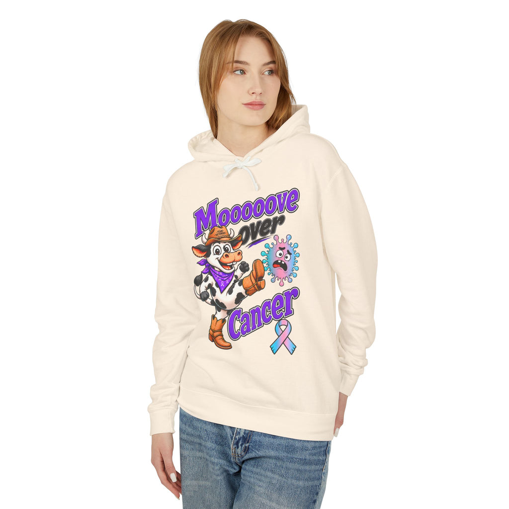 Back view of the cream Moooove Over Cancer hooded sweatshirt