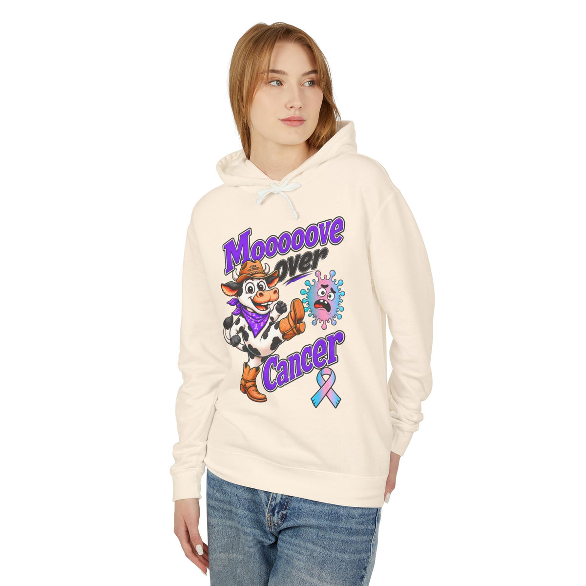 Back view of the cream Moooove Over Cancer hooded sweatshirt