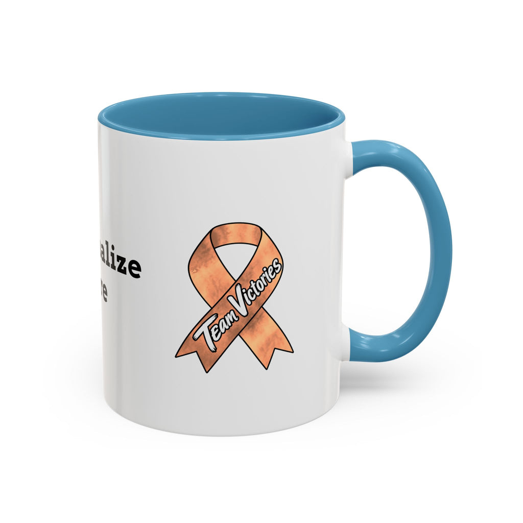 Moooove Over Cancer mug with colorful artwork, orange handle, and peach Uterine Cancer awareness ribbon
