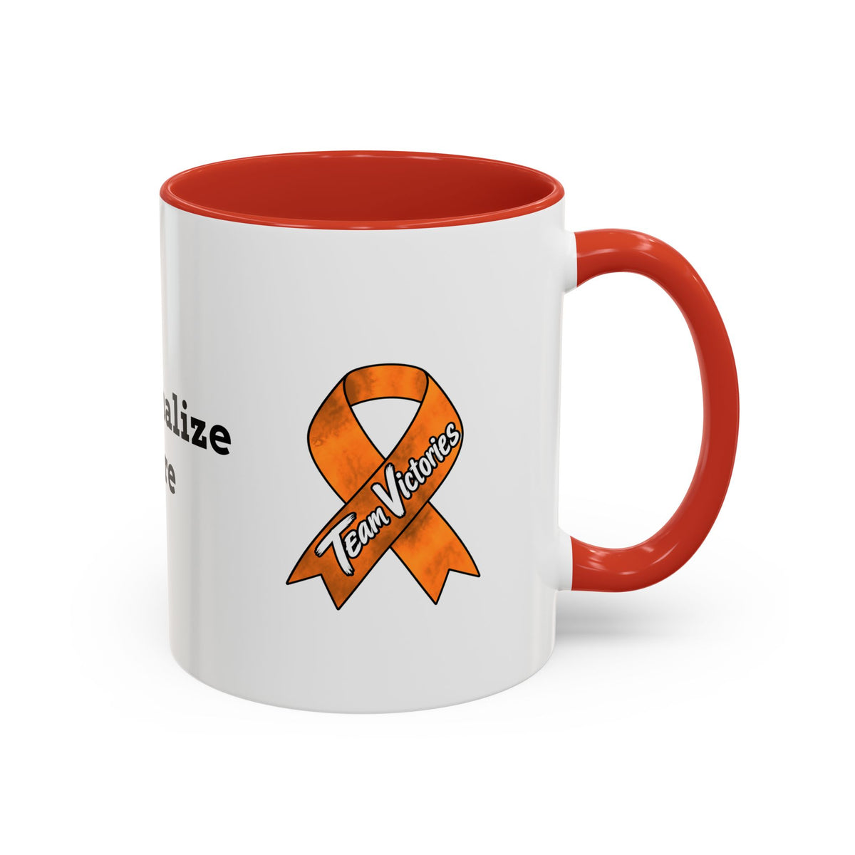 Moooove Over Cancer mug showing Team Victories Leukemia/Kidney Cancer awareness ribbon with blue accents