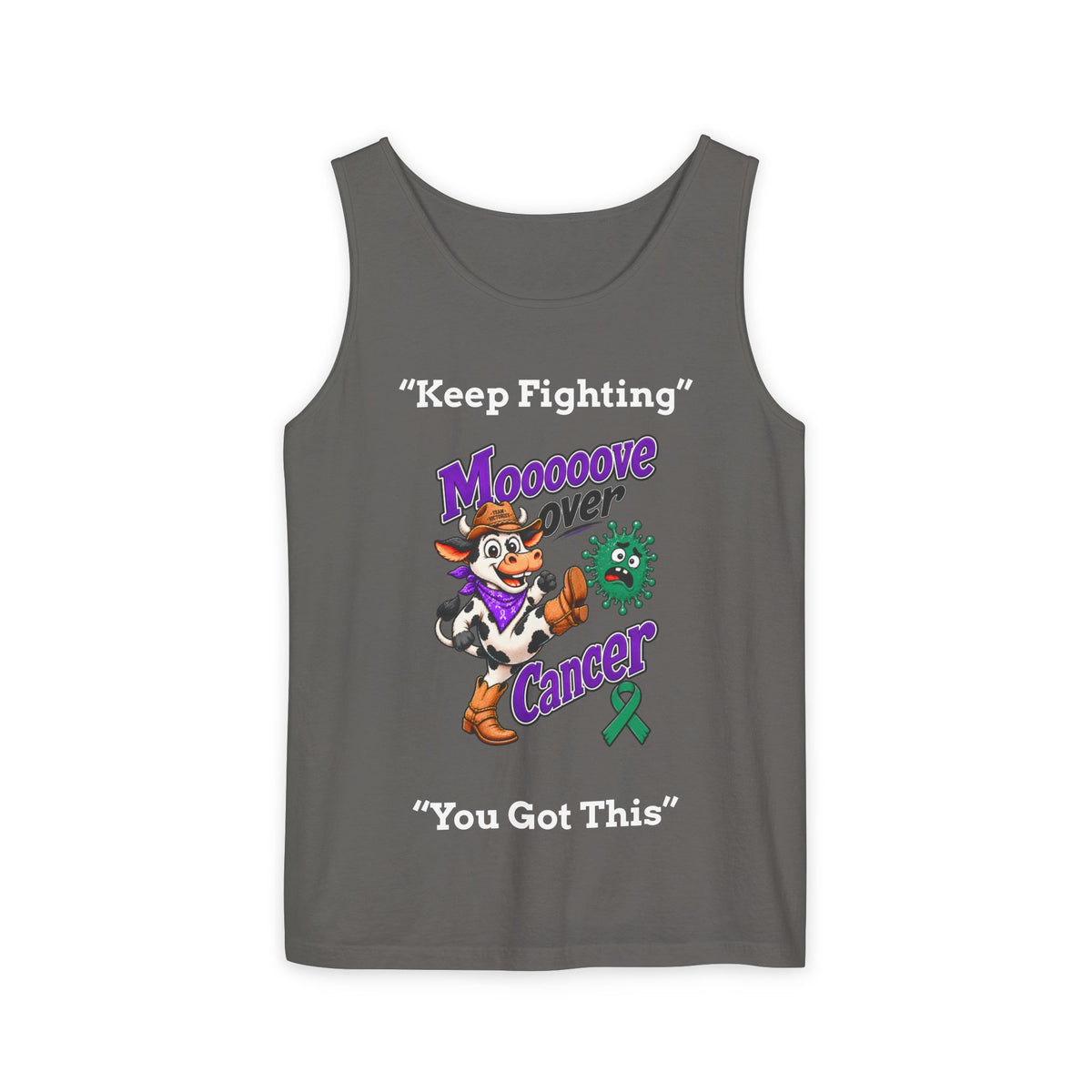 Dark gray Moooove Over Cancer tank top with cowgirl cancer support artwork