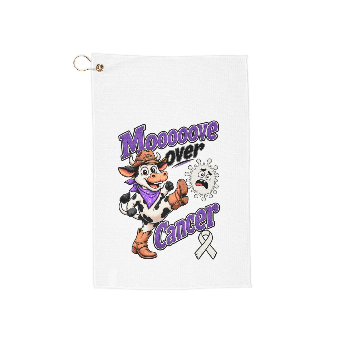 Moooove Over Cancer golf towel with colorful cow artwork and cancer-awareness ribbon