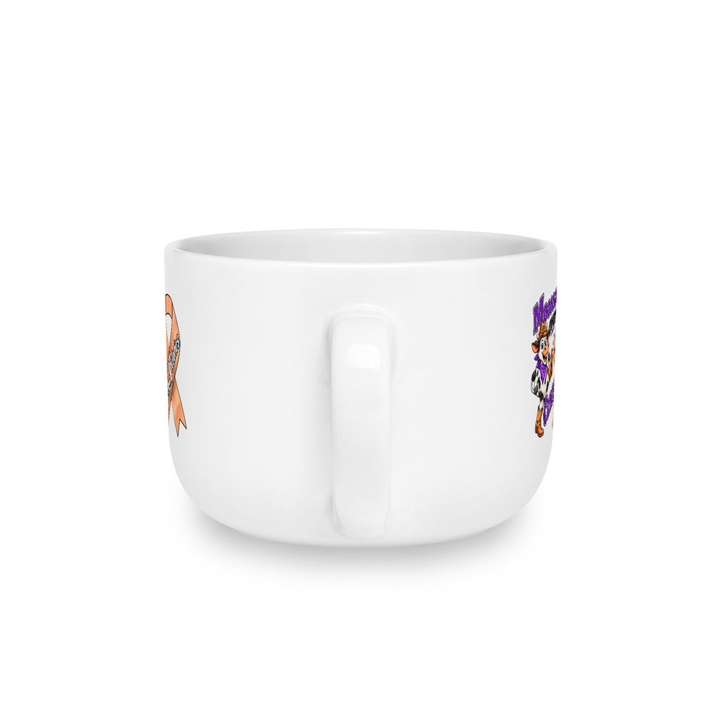 Side view of the Moooove Over Cancer 25 oz ceramic latte mug with ergonomic C-style handle