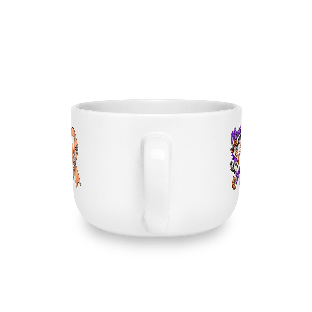 Side view of the Moooove Over Cancer 25 oz ceramic latte mug with ergonomic C-style handle