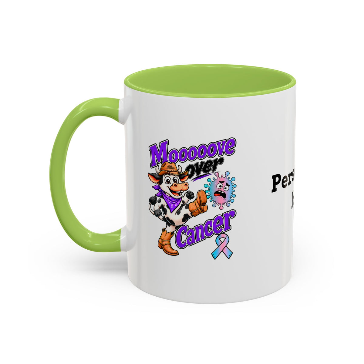 Side view of personalized Moooove Over Cancer mug with green accent handle