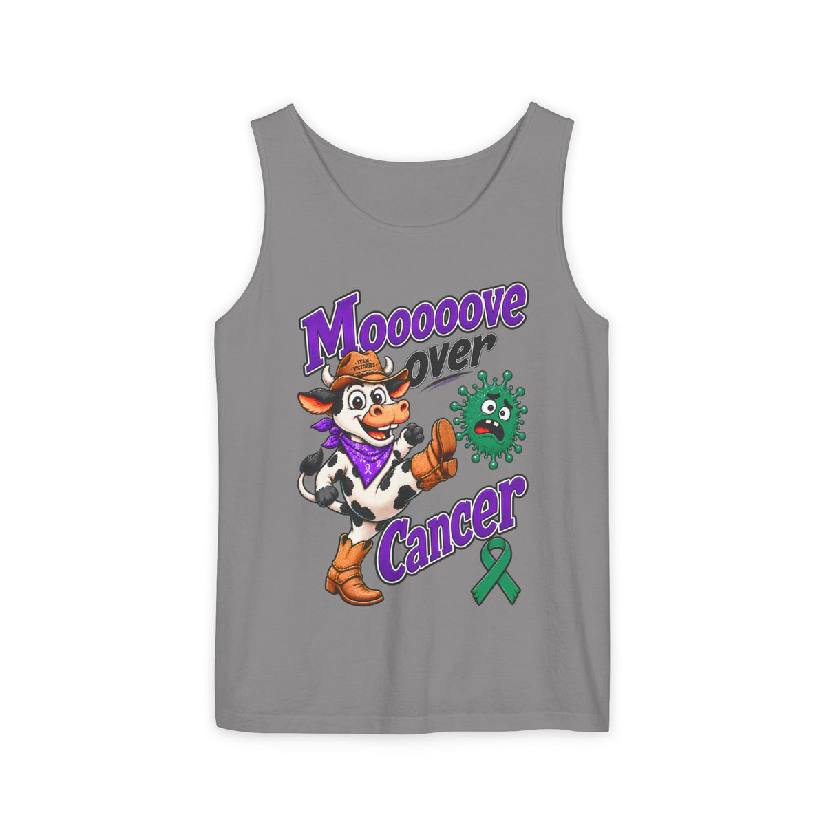 Gray Moooove Over Cancer tank top showing cow artwork and Liver Cancer awareness ribbon