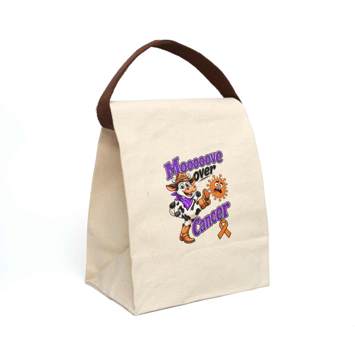 Moooove Over Cancer canvas lunch bag with colorful character artwork and orange ribbon