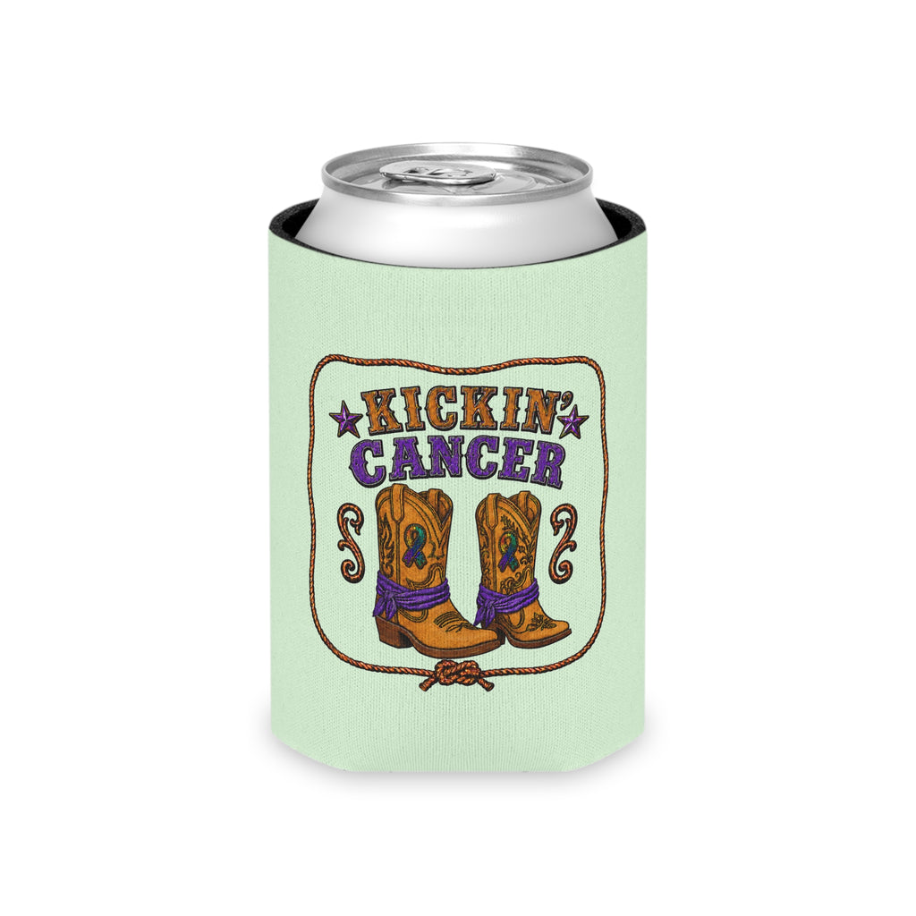 Kickin’ Cancer light green regular can cooler with western boot and awareness-ribbon artwork on the front.