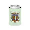 Kickin’ Cancer light green regular can cooler with western boot and awareness-ribbon artwork on the front.