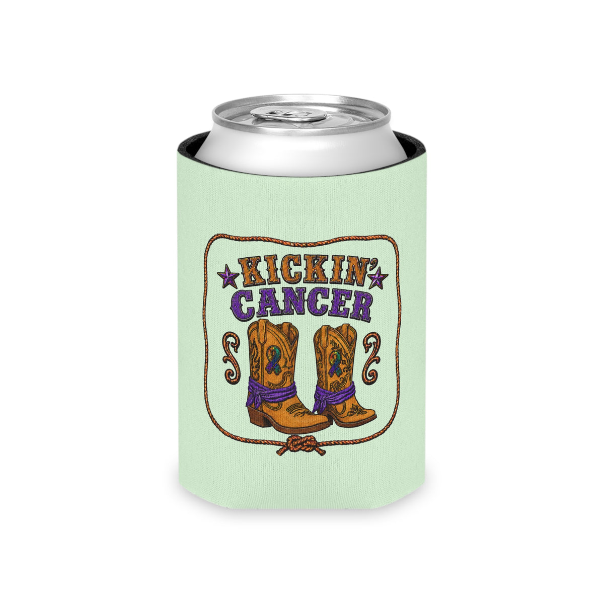 Kickin’ Cancer light green regular can cooler with western boot and awareness-ribbon artwork on the front.