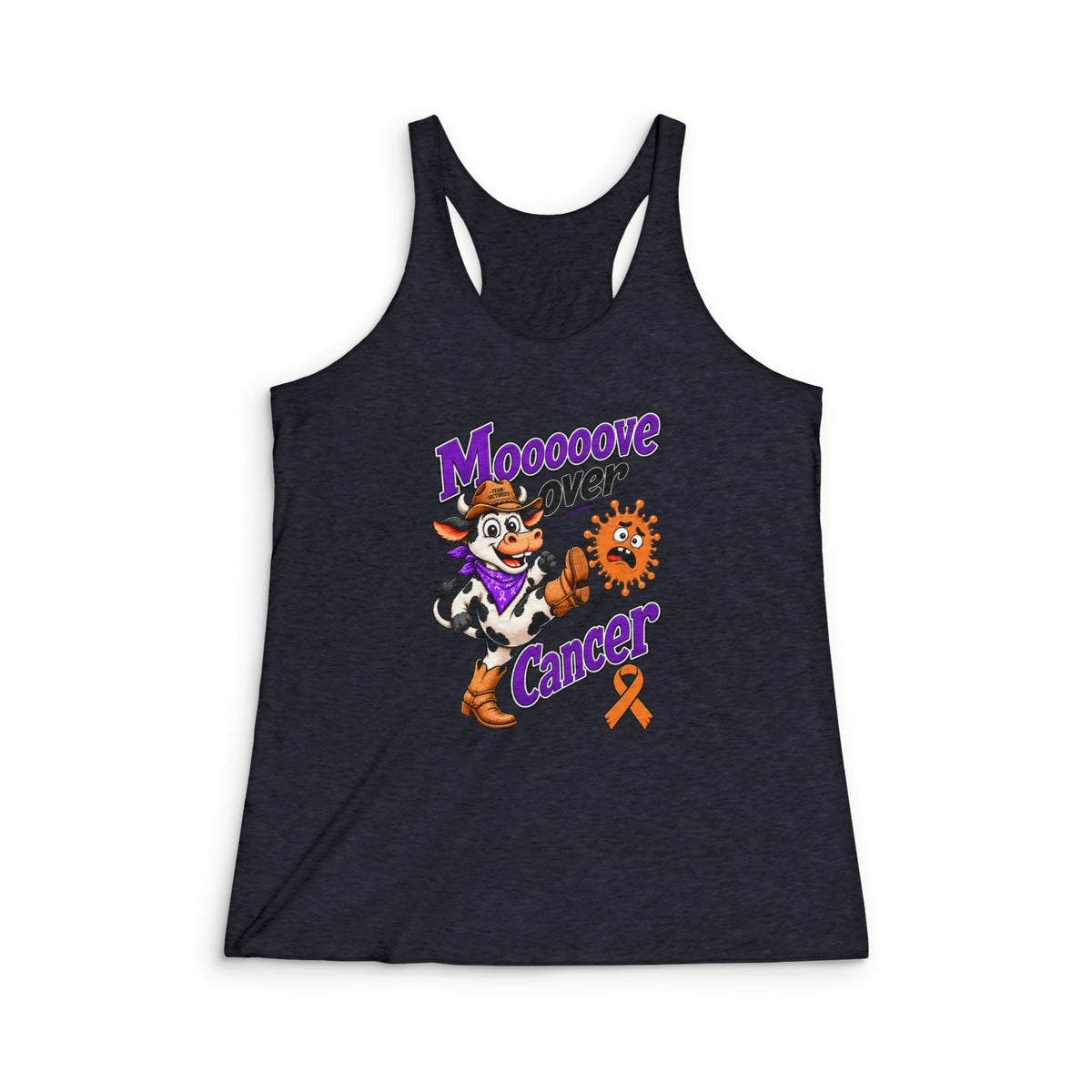 Charcoal Moooove Over Cancer racerback tank with orange Leukemia/Kidney Cancer awareness ribbon