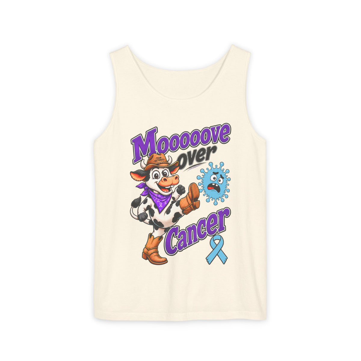 Moooove Over Cancer tank top in natural with cowboy cow graphic and Prostate Cancer awareness ribbon