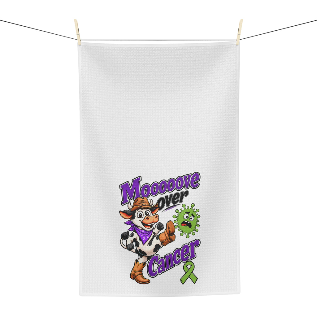 Moooove Over Cancer tea towel hanging with cow artwork and green awareness ribbon