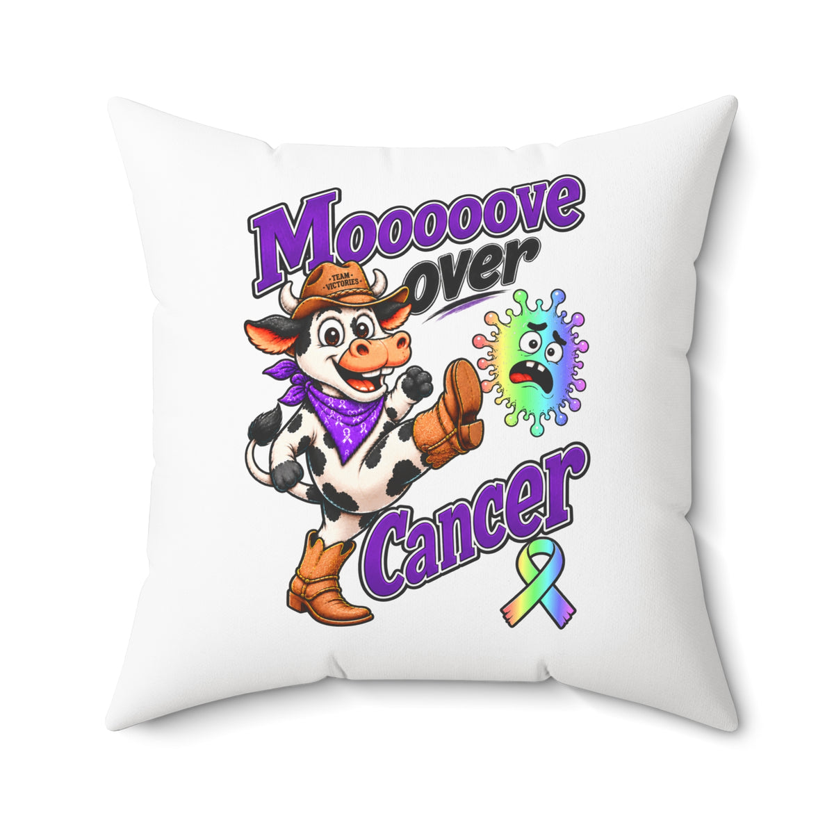 Moooove Over Cancer square pillow with vibrant cow illustration and supportive design
