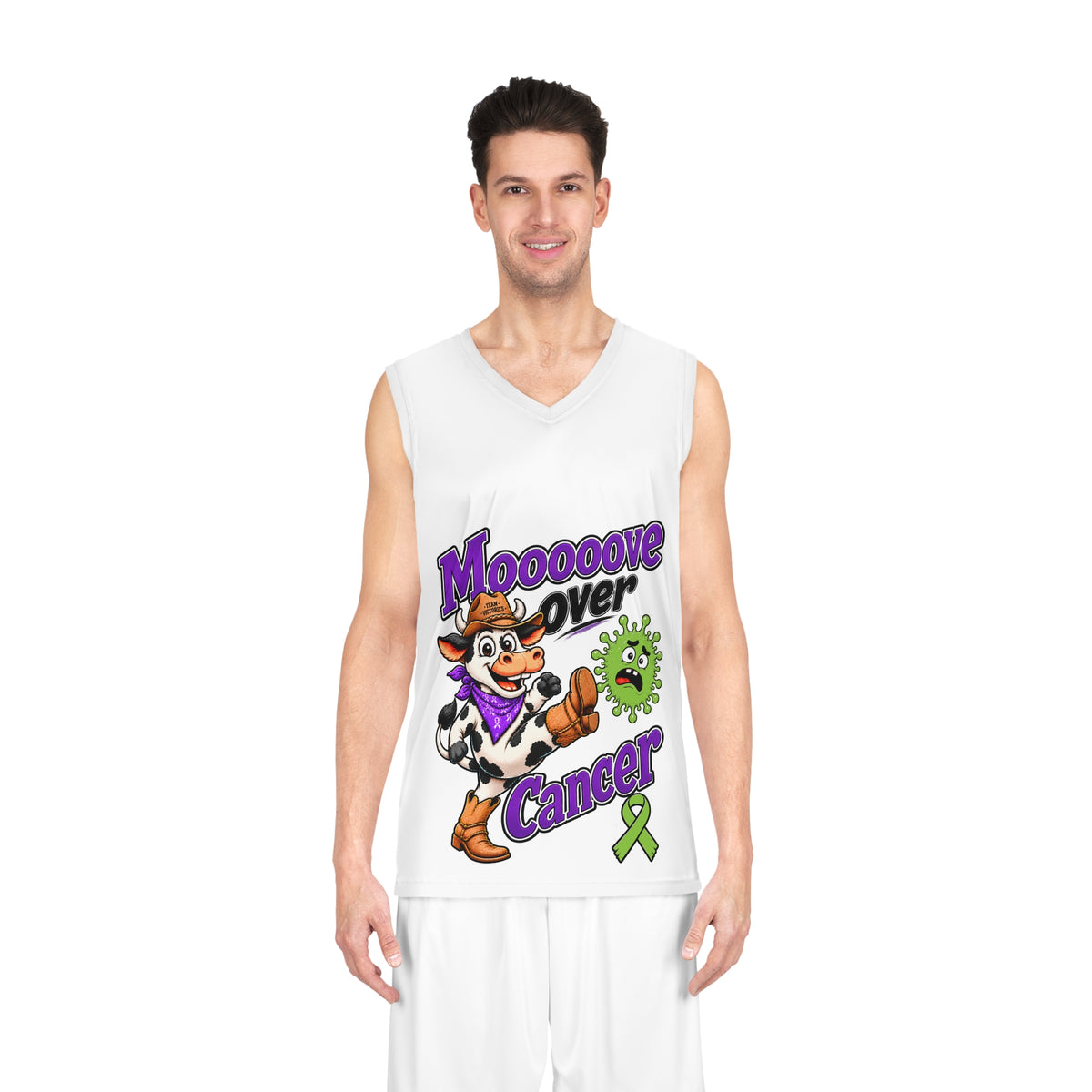 Model wearing the Moooove Over Cancer basketball jersey with cow artwork and green ribbon