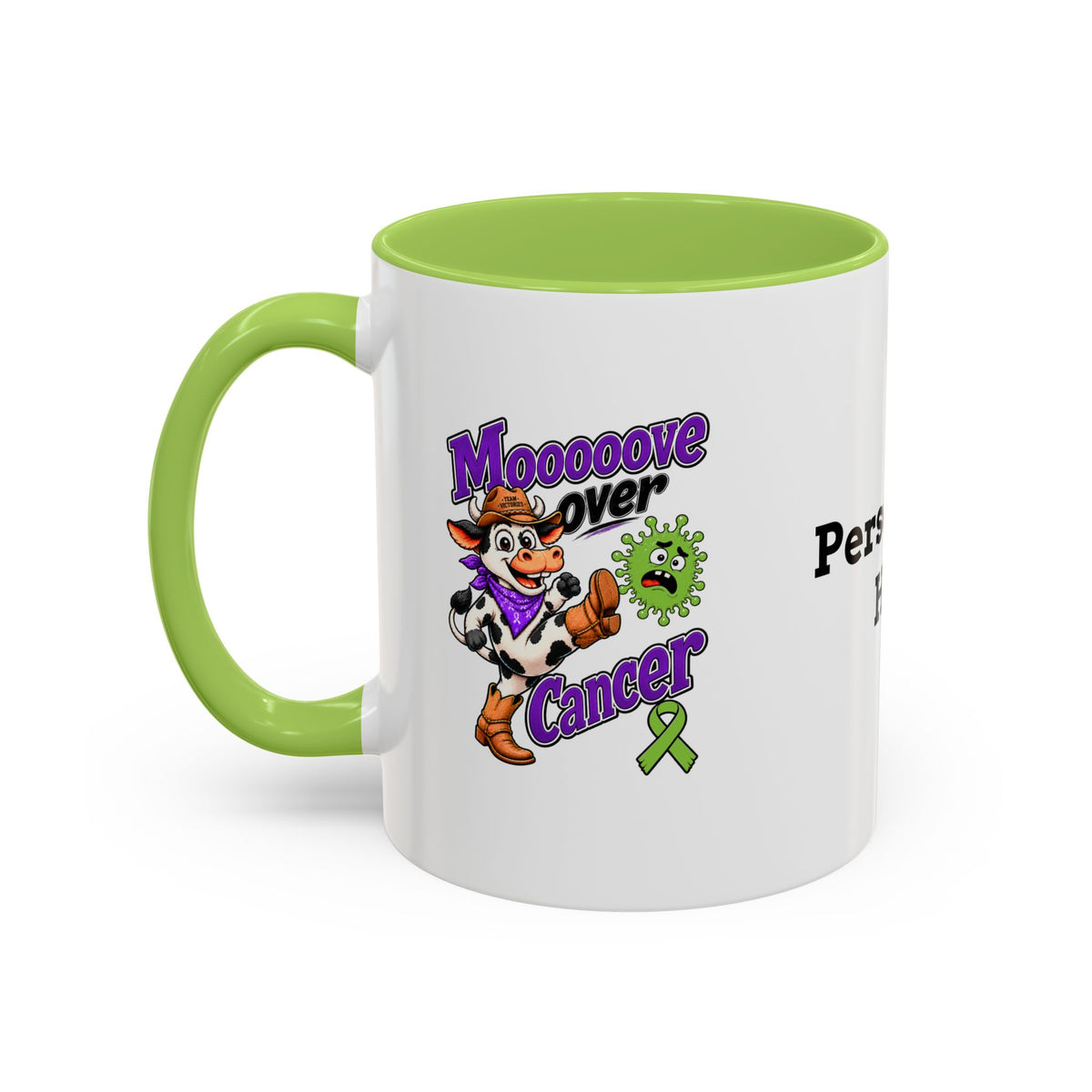 Moooove Over Cancer mug side view with yellow accent and Non-Hodgkin/Lymphoma Cancer awareness ribbon