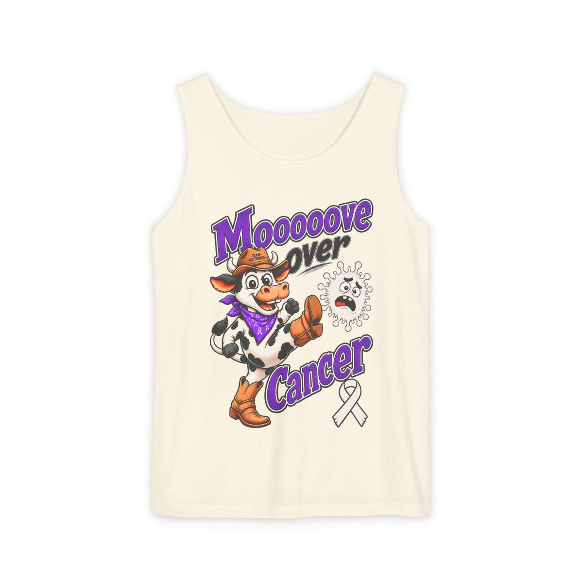 Moooove Over Cancer tank top with cow illustration and Lung Cancer awareness ribbon in cream