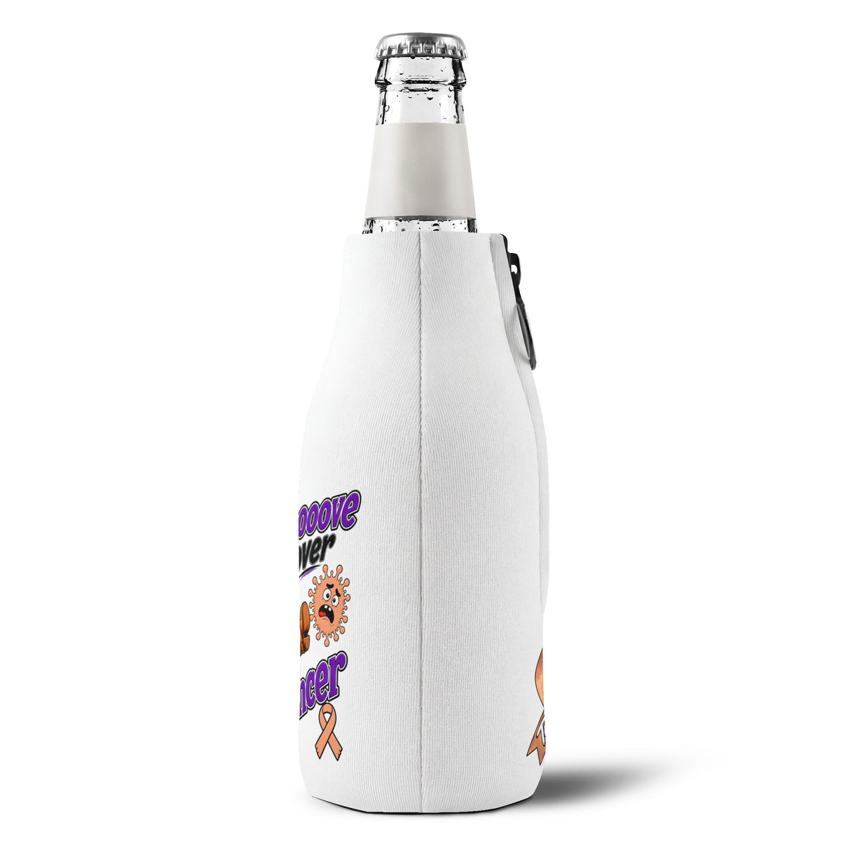 Rear side view of Moooove Over Cancer insulated bottle cooler sleeve