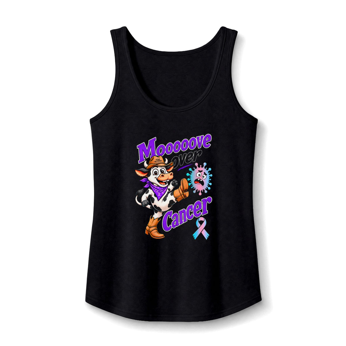 Moooove Over Cancer tank top in black with a Thyroid Cancer awareness ribbon design