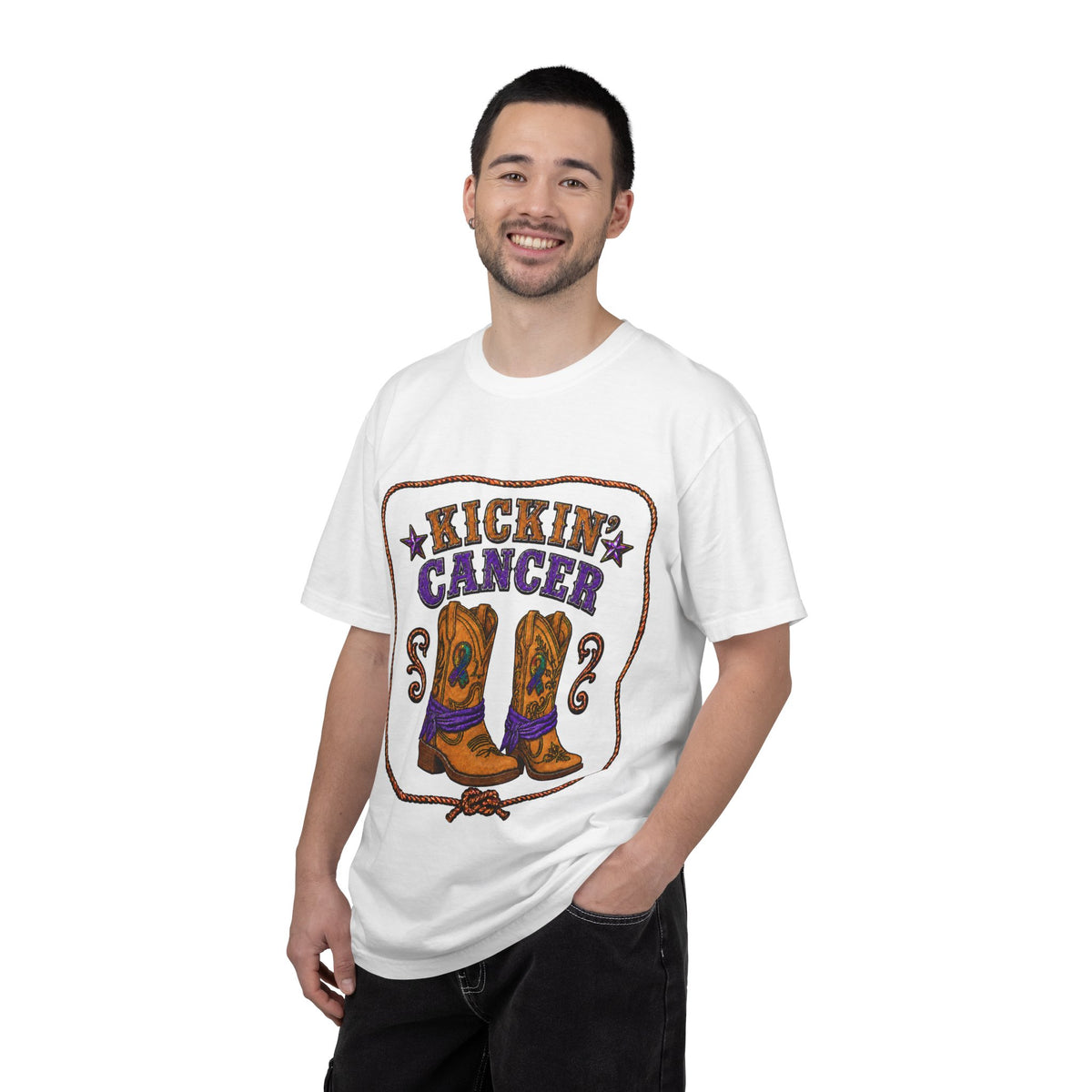 Man wearing a white Kickin' Cancer T-shirt with cowboy boot front artwork