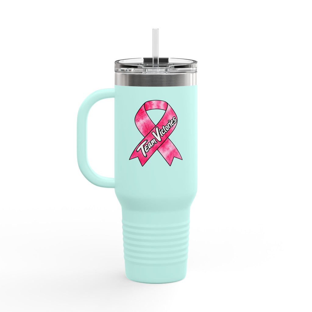 Aqua Team Victories travel mug featuring a pink Breast Cancer awareness ribbon