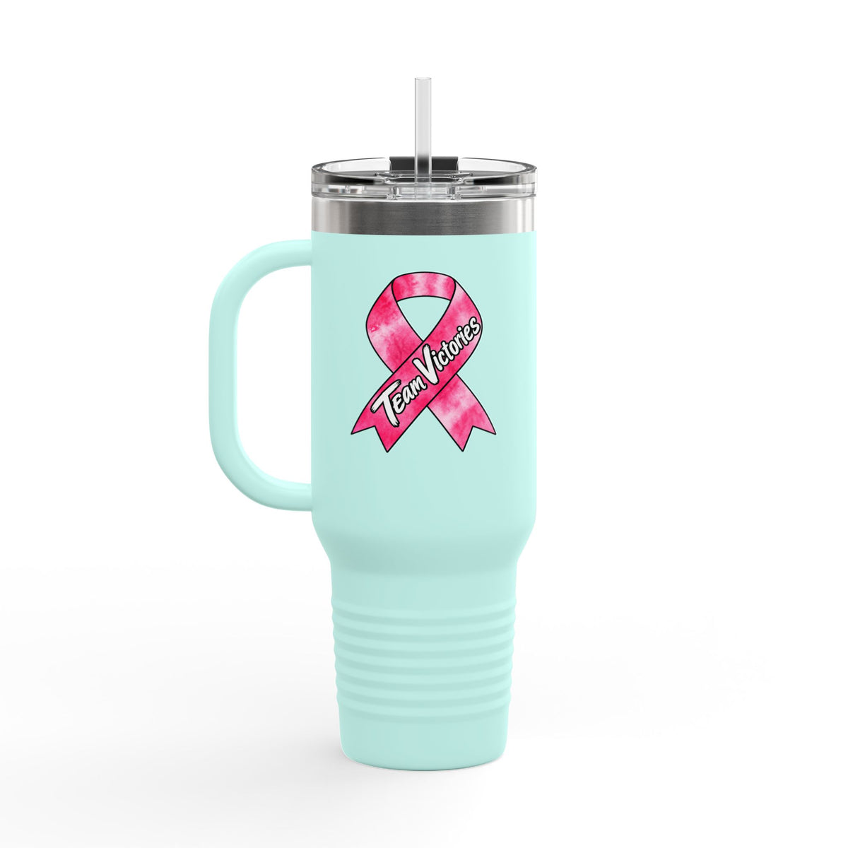 Aqua Team Victories travel mug featuring a pink Breast Cancer awareness ribbon