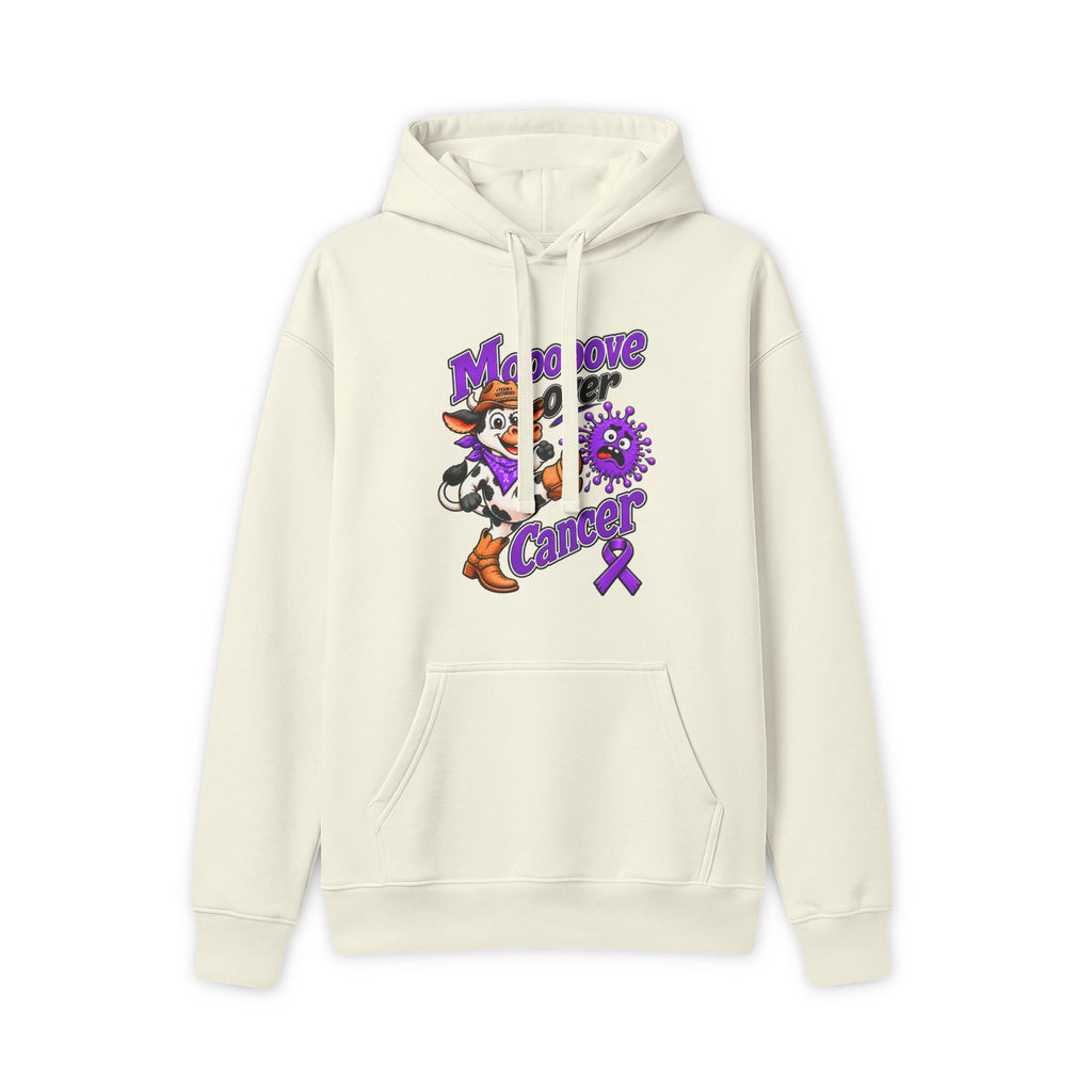 Moooove Over Cancer hoodie with Pancreatic Cancer awareness ribbon, front view in ivory