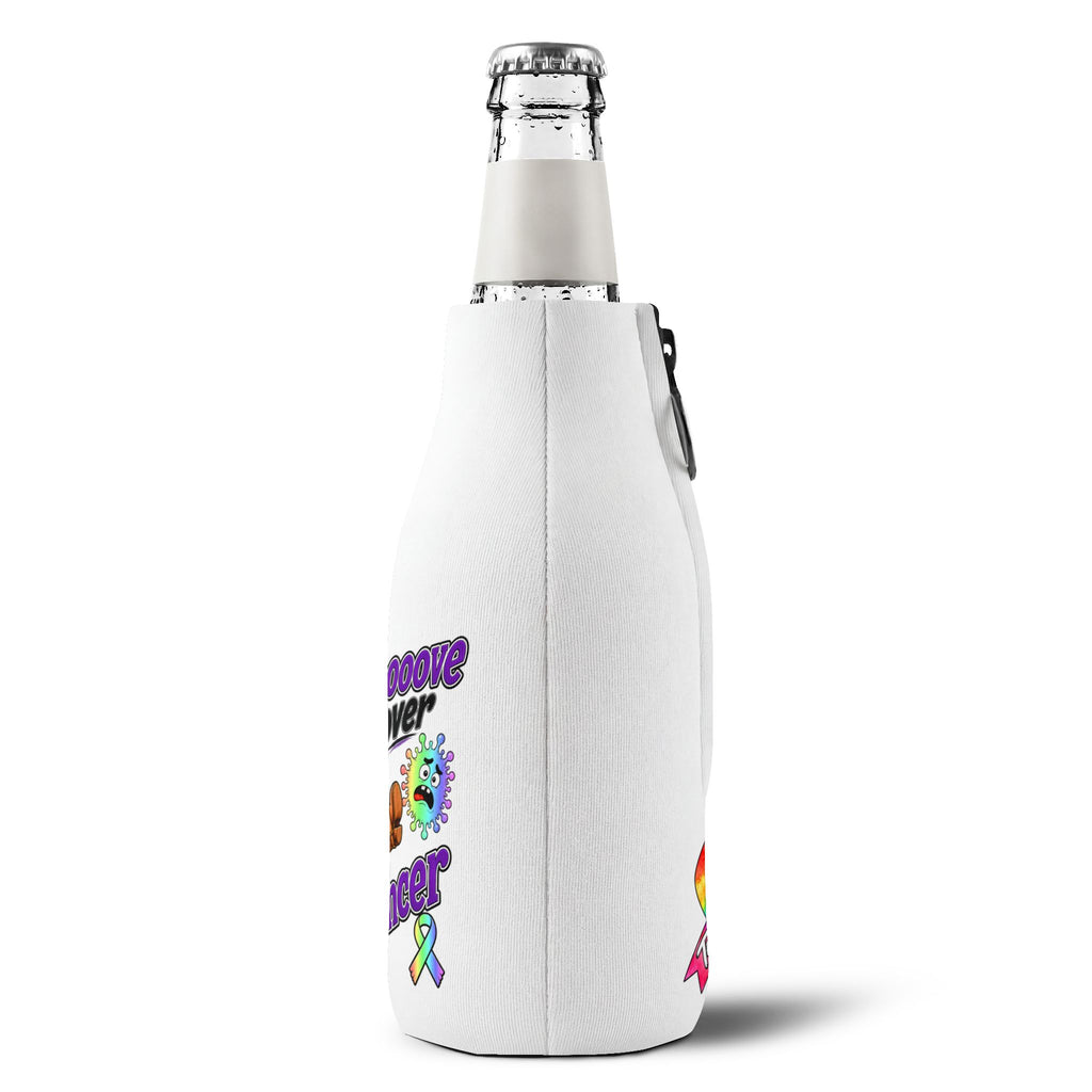 Side view of Moooove Over Cancer cooler sleeve with partial cow artwork and all-cancer awareness ribbon