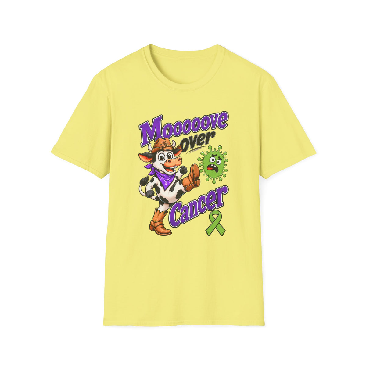 Yellow Moooove Over Cancer tee featuring cowgirl artwork and awareness ribbon