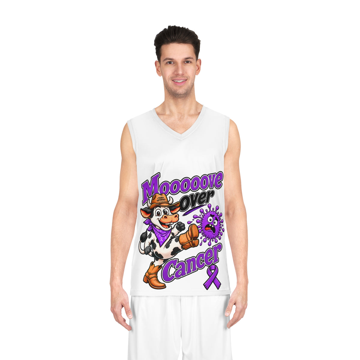 Front view of Moooove Over Cancer basketball jersey worn by a model