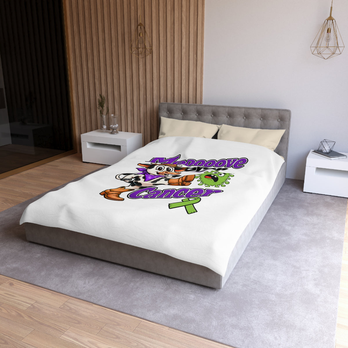 Moooove Over Cancer bedding in a bedroom featuring cowgirl artwork and awareness ribbon
