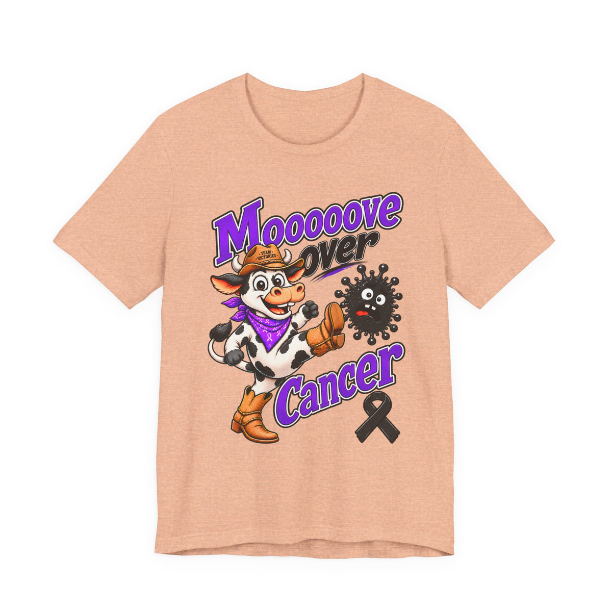 Peach Moooove Over Cancer T-shirt with cow graphic and Melanoma Cancer awareness ribbon