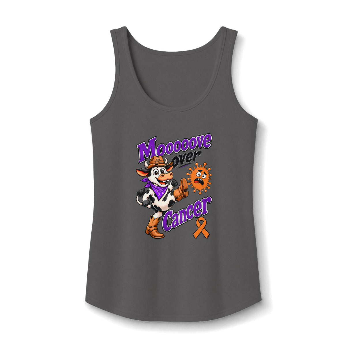 Charcoal Moooove Over Cancer tank top with Leukemia/Kidney Cancer awareness ribbon