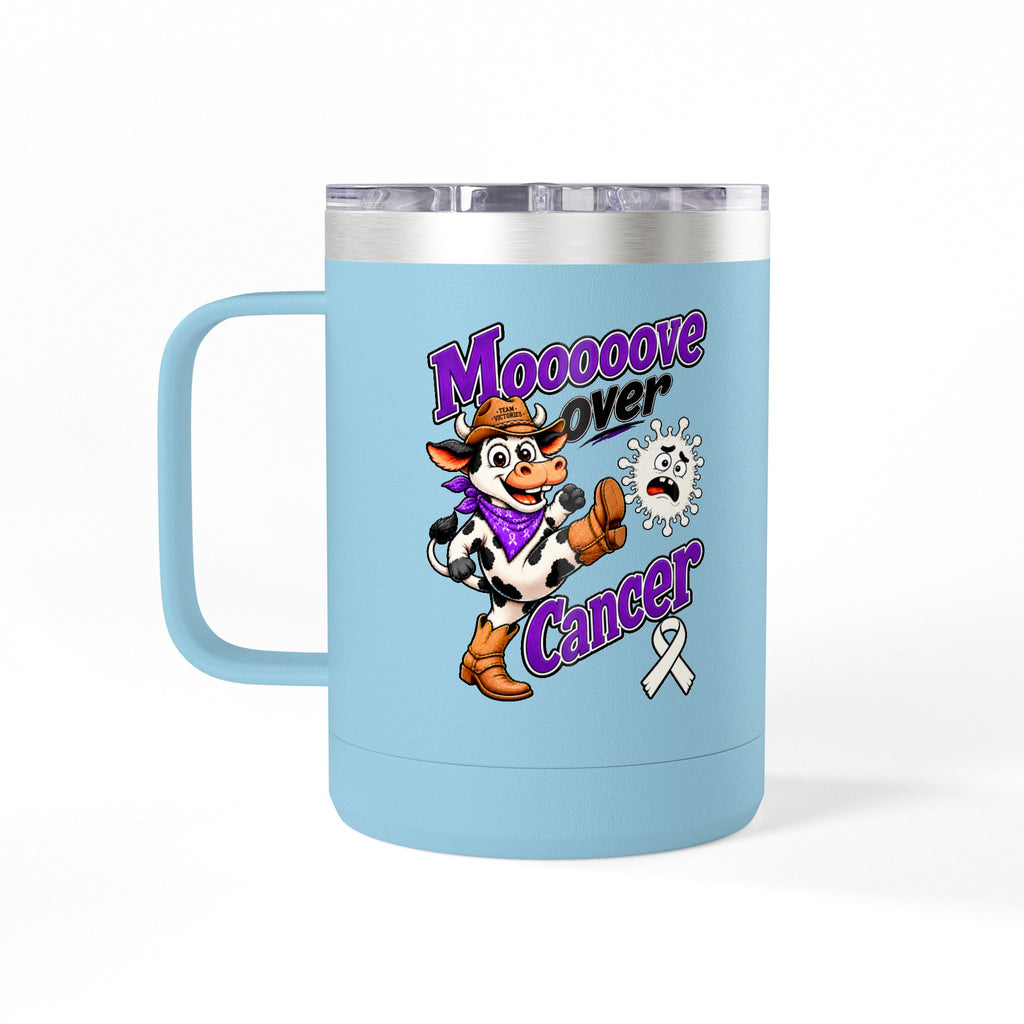 Blue Moooove Over Cancer insulated mug with Lung Cancer awareness ribbon and cow design