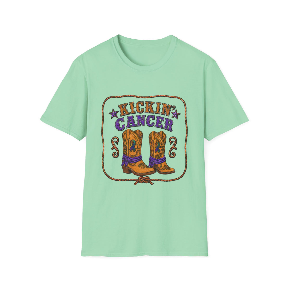 Mint green Kickin' Cancer T-shirt with Western lettering and boot illustration